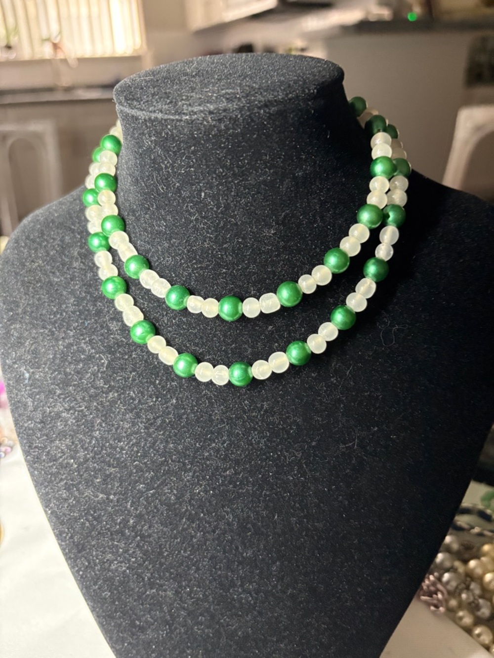 Green and White Beaded Double-Strand Necklace Vintage with screw on clasp.